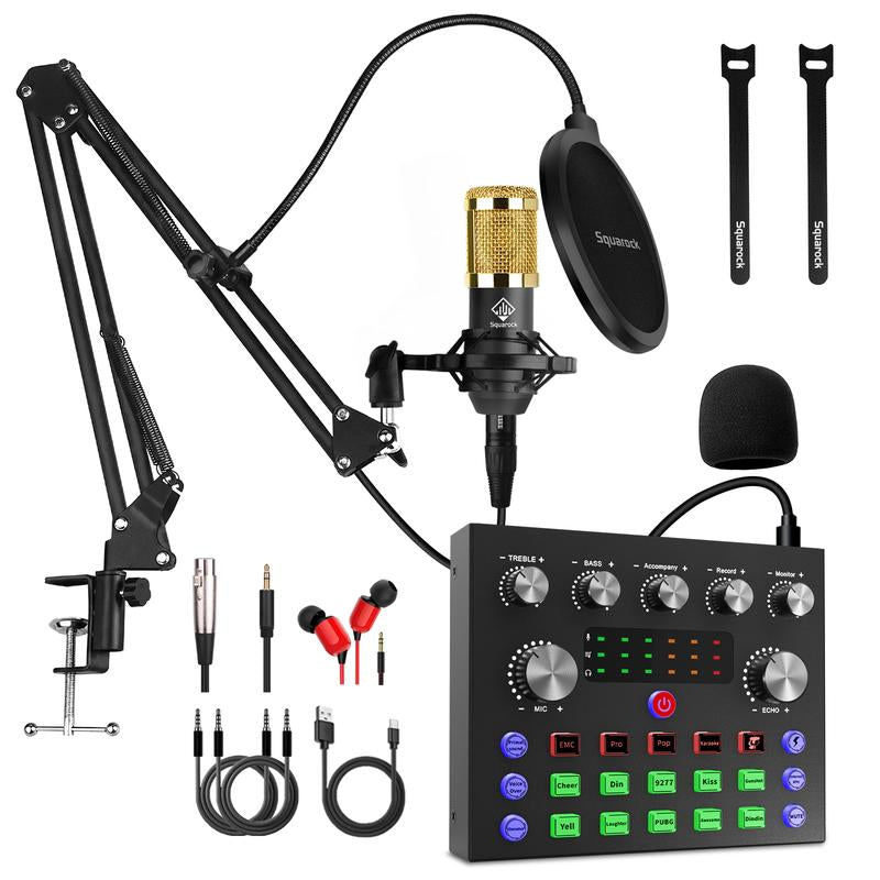 Squarock Podcast Equipment Bundle, Audio Interface with DJ Mixer Condenser Microphone for Pc/Phone/Laptop,Recording,Streaming,Gaming