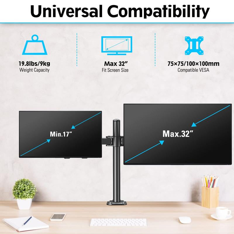 MOUNTUP 17"-32" Dual Monitor Desk Mount, Max 27" for Curved Screens, Each Hold up to 19.8Lb, VESA 75X75Mm or 100X100Mm, Fully Adjustable Dual Monitor Arm for 2 LCD Screens, Dual Monitor Stand with C-Clamp and Grommet Base MU0002