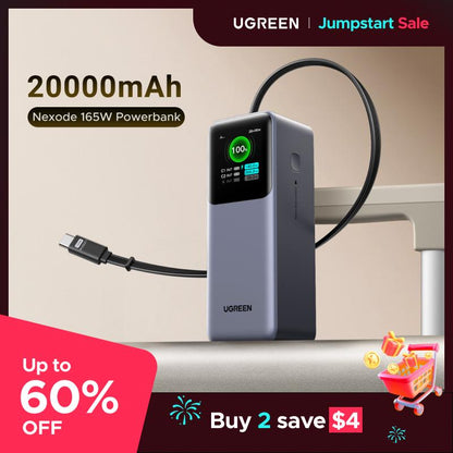 UGREEN Nexode Power Bank 20000Mah 165W with Built-In Retractable USB C Cable Laptop Travel Portable Charger, 100W Input, Fast Charging for Macbook Pro/Air/Iphone 17 16/Ipad Pro/Galaxy S25 Ultra/Dell/Hp and More ,Tiktokshopjumpstartsale
