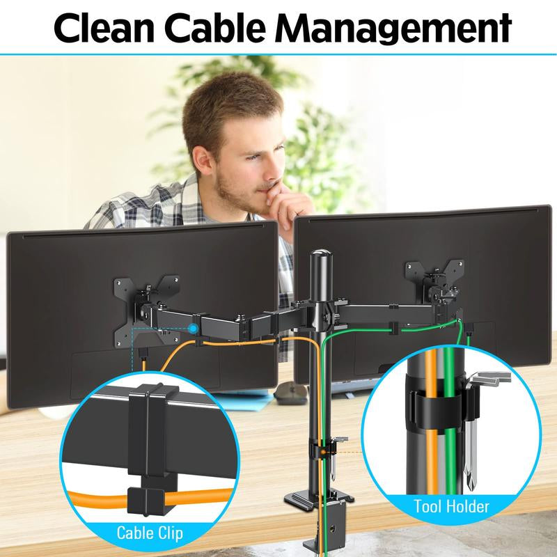 MOUNTUP 17"-32" Dual Monitor Desk Mount, Max 27" for Curved Screens, Each Hold up to 19.8Lb, VESA 75X75Mm or 100X100Mm, Fully Adjustable Dual Monitor Arm for 2 LCD Screens, Dual Monitor Stand with C-Clamp and Grommet Base MU0002