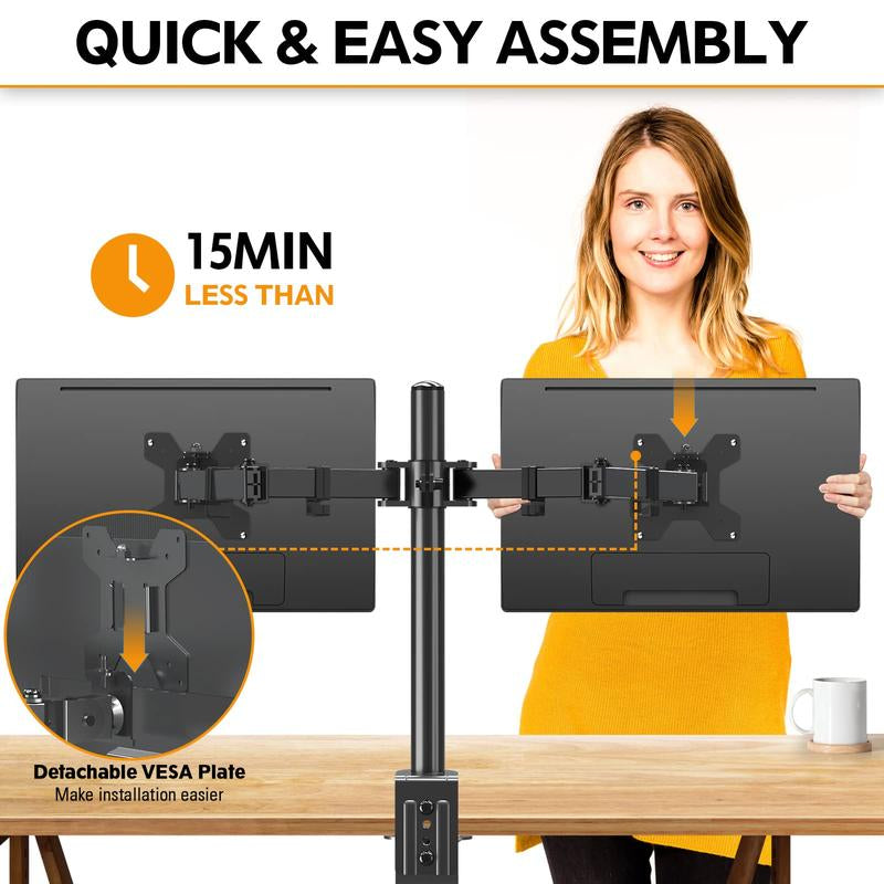 MOUNTUP 17"-32" Dual Monitor Desk Mount, Max 27" for Curved Screens, Each Hold up to 19.8Lb, VESA 75X75Mm or 100X100Mm, Fully Adjustable Dual Monitor Arm for 2 LCD Screens, Dual Monitor Stand with C-Clamp and Grommet Base MU0002