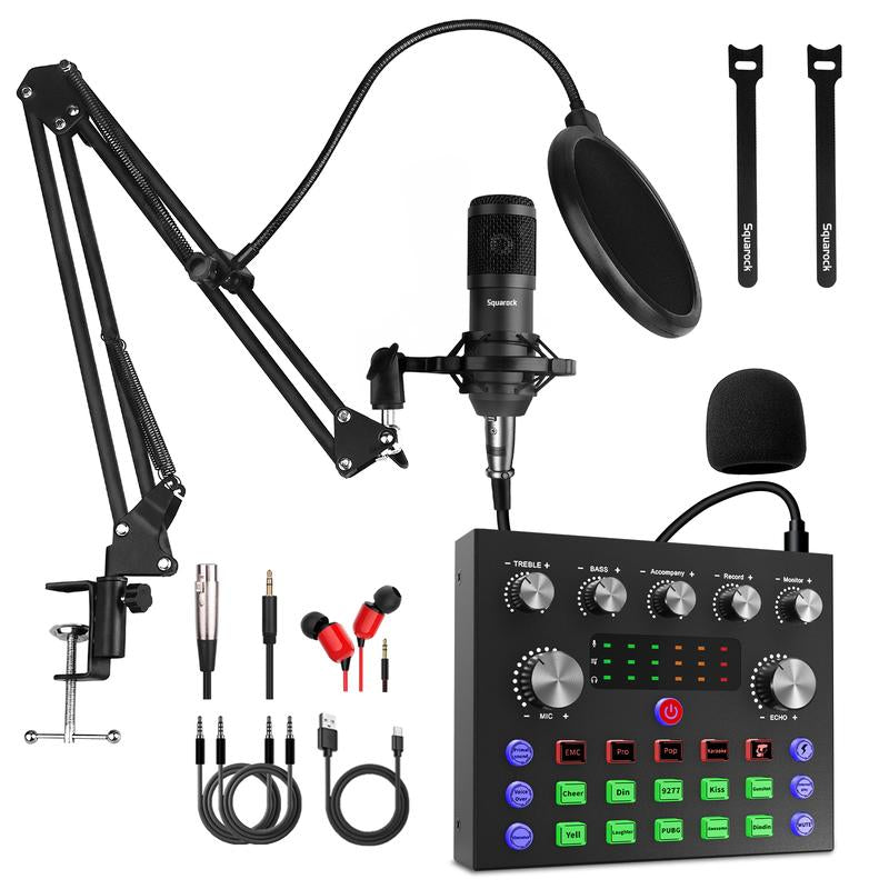 Squarock Podcast Equipment Bundle, Audio Interface with DJ Mixer Condenser Microphone for Pc/Phone/Laptop,Recording,Streaming,Gaming