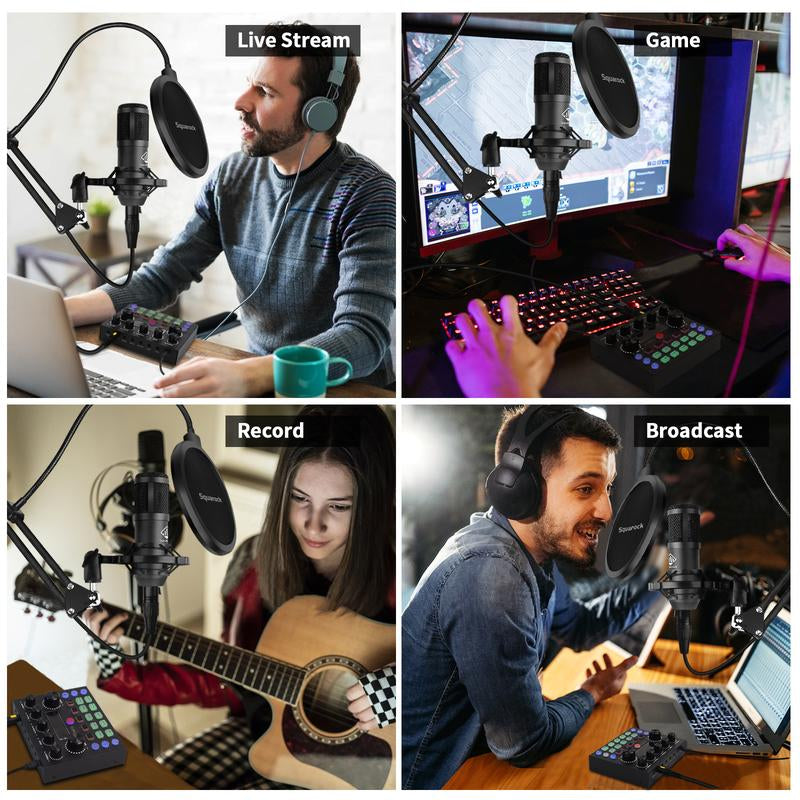 Squarock Podcast Equipment Bundle, Audio Interface with DJ Mixer Condenser Microphone for Pc/Phone/Laptop,Recording,Streaming,Gaming