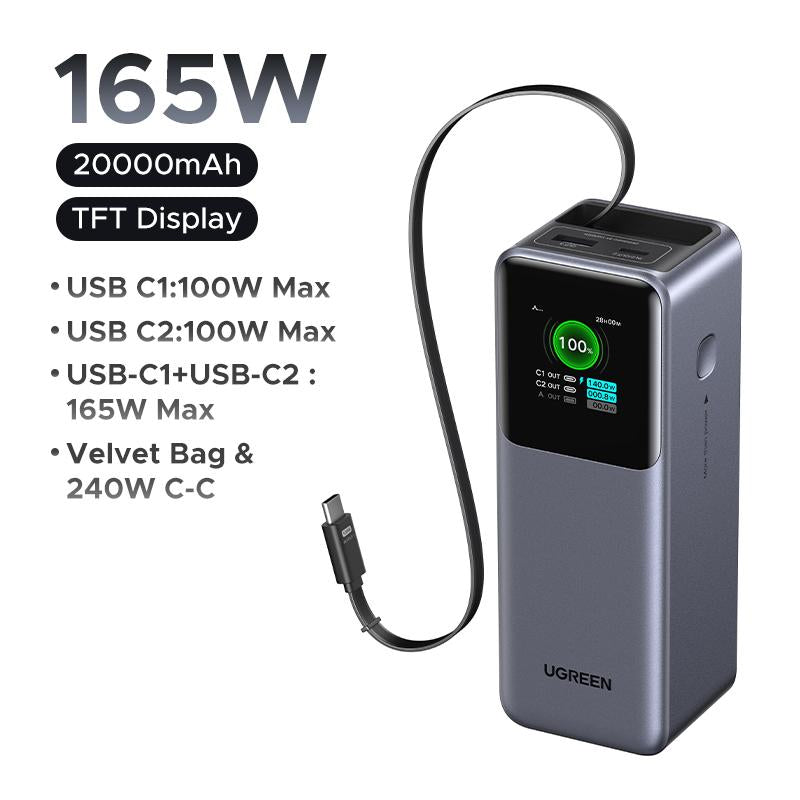 UGREEN Nexode Power Bank 20000Mah 165W with Built-In Retractable USB C Cable Laptop Travel Portable Charger, 100W Input, Fast Charging for Macbook Pro/Air/Iphone 17 16/Ipad Pro/Galaxy S25 Ultra/Dell/Hp and More ,Tiktokshopjumpstartsale