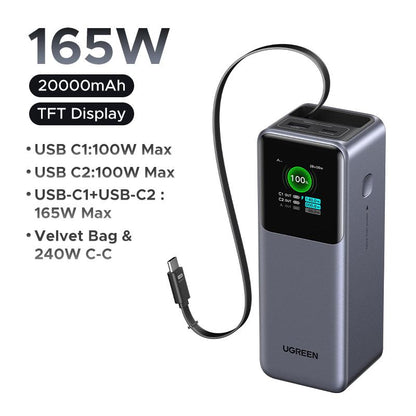 UGREEN Nexode Power Bank 20000Mah 165W with Built-In Retractable USB C Cable Laptop Travel Portable Charger, 100W Input, Fast Charging for Macbook Pro/Air/Iphone 17 16/Ipad Pro/Galaxy S25 Ultra/Dell/Hp and More ,Tiktokshopjumpstartsale
