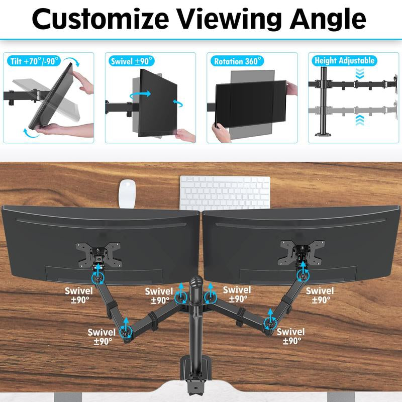 MOUNTUP 17"-32" Dual Monitor Desk Mount, Max 27" for Curved Screens, Each Hold up to 19.8Lb, VESA 75X75Mm or 100X100Mm, Fully Adjustable Dual Monitor Arm for 2 LCD Screens, Dual Monitor Stand with C-Clamp and Grommet Base MU0002