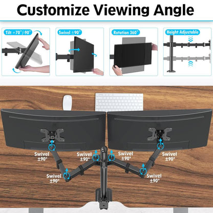 MOUNTUP 17"-32" Dual Monitor Desk Mount, Max 27" for Curved Screens, Each Hold up to 19.8Lb, VESA 75X75Mm or 100X100Mm, Fully Adjustable Dual Monitor Arm for 2 LCD Screens, Dual Monitor Stand with C-Clamp and Grommet Base MU0002