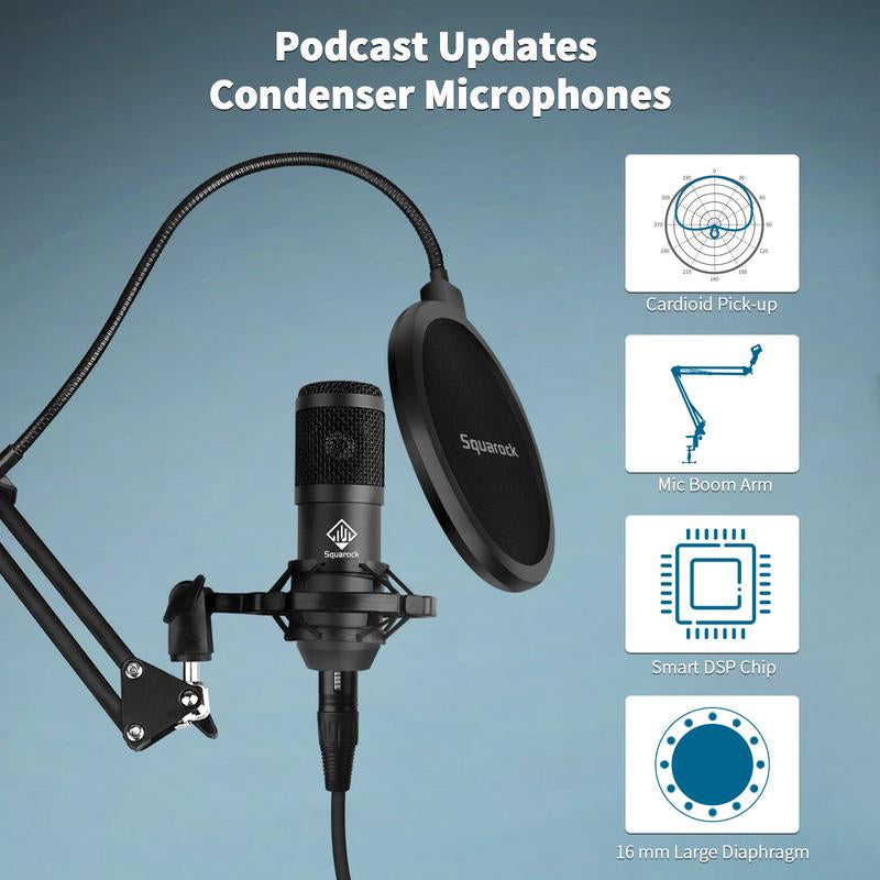 Squarock Podcast Equipment Bundle, Audio Interface with DJ Mixer Condenser Microphone for Pc/Phone/Laptop,Recording,Streaming,Gaming