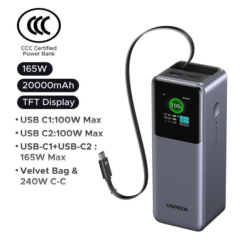 UGREEN Nexode Power Bank 20000Mah 165W with Built-In Retractable USB C Cable Laptop Travel Portable Charger, 100W Input, Fast Charging for Macbook Pro/Air/Iphone 17 16/Ipad Pro/Galaxy S25 Ultra/Dell/Hp and More ,Tiktokshopjumpstartsale